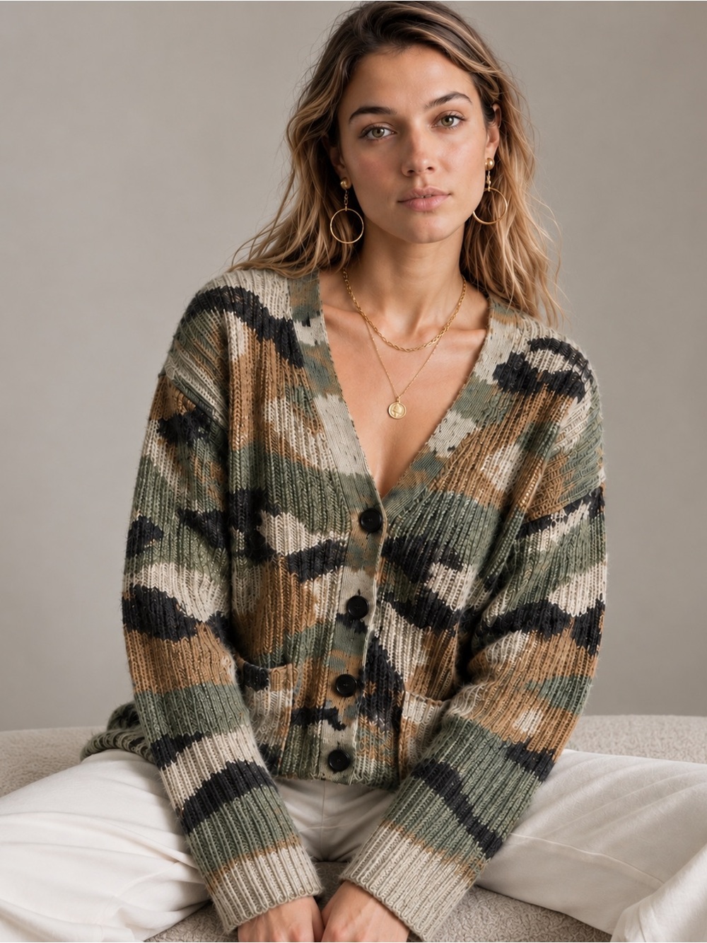 360 Cashmere 100% Cashmere Camo V-Neck Cardigan Sweater XS Boxy Fit